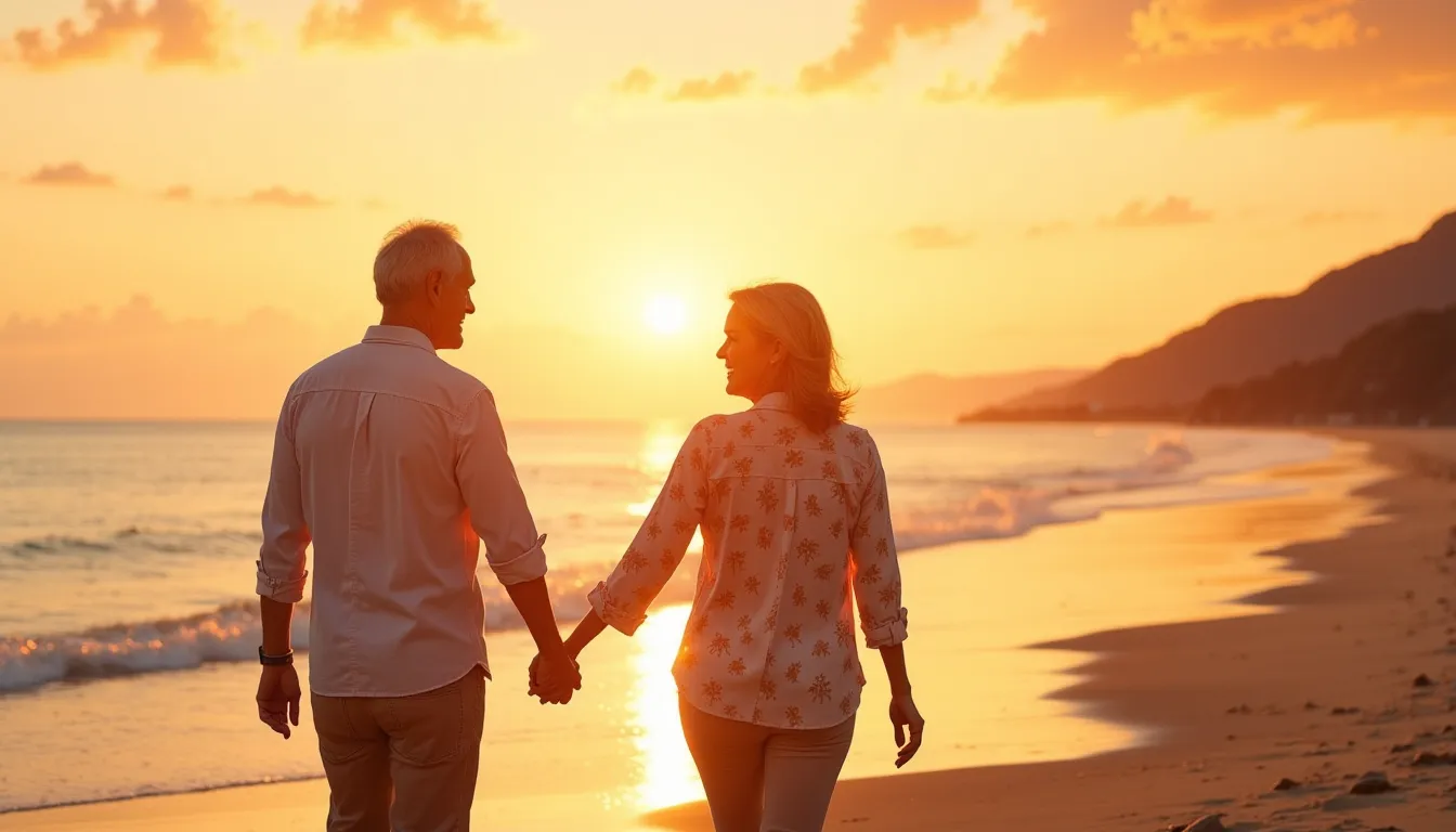 Serene elderly couple walking hand in hand on a sunny beach at sunset, soft golden light, peaceful retirement concept, warm tones, joyful expression, natural photography