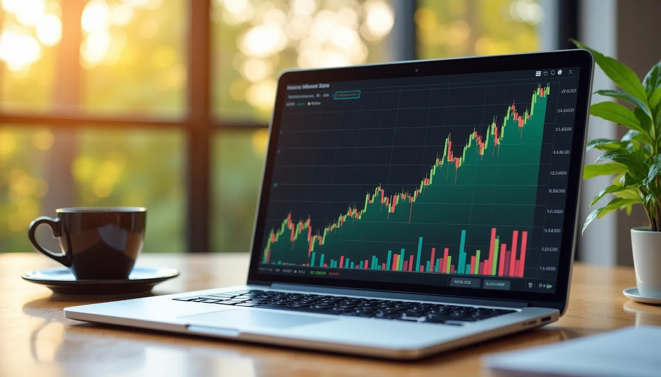 Upward trending stock market graph on laptop screen with plant and coffee cup beside it, morning light, calm investment planning atmosphere, soft tones