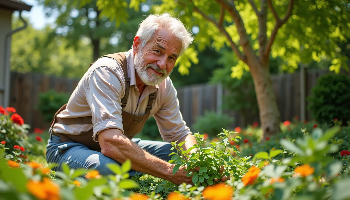 Happy active senior man gardening in beautiful backyard, retirement lifestyle, healthy aging, vibrant colors, joyful retirement activities
