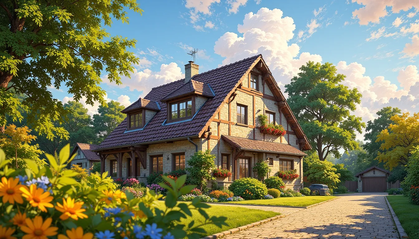 Charming detached house with garden in German neighborhood, sunny day, family home symbolizing retirement security, warm inviting architecture