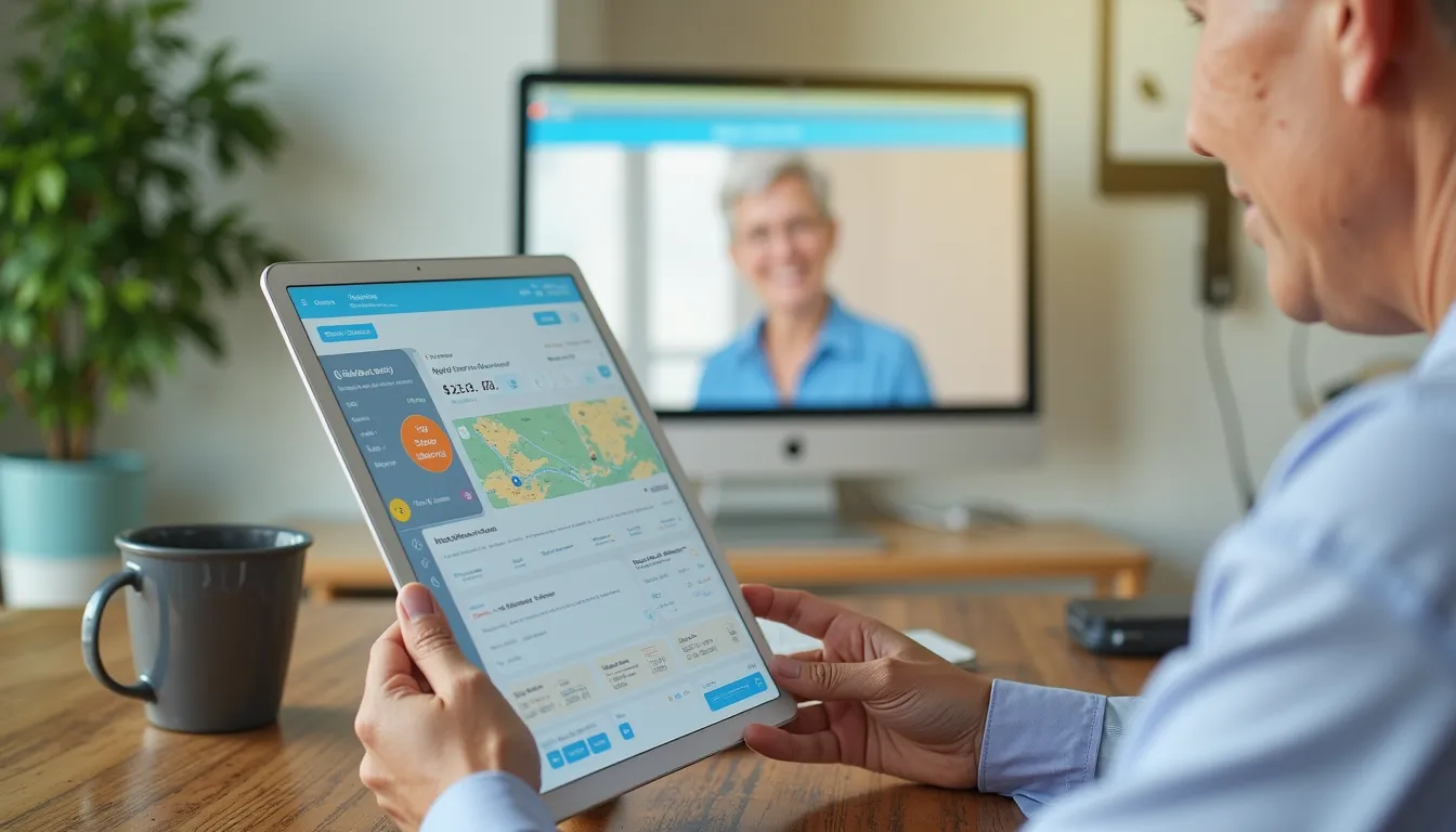 Modern AI-powered retirement planning app interface on tablet screen, clean design, soft colors, elderly person using technology confidently, bright setting
